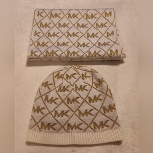 Michael Kors Gold and Cream Beanie and Scarf Set
